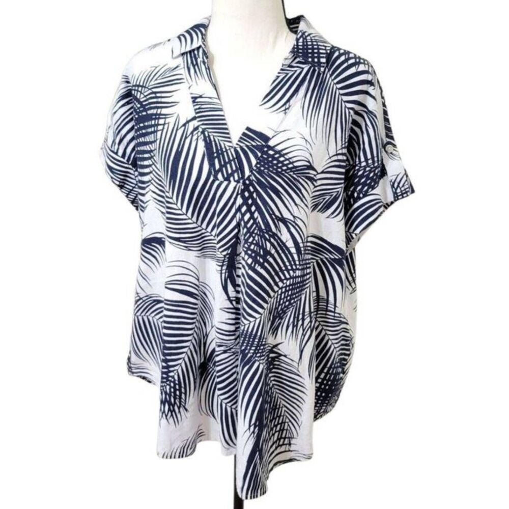 Liz Claiborne Linen Rayon Short Sleeve Palms Blouse Sz L Summer Vaca Vibes